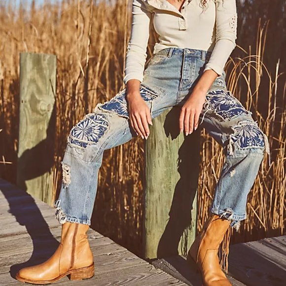 Free People Blue Patterned Straight Leg Jeans - Picture 1 of 12